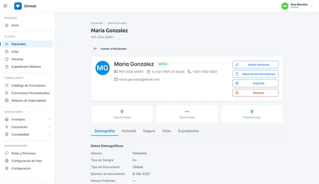 Perfil de paciente en ClinIsab con demografía, historial, seguros, citas y expedientes
